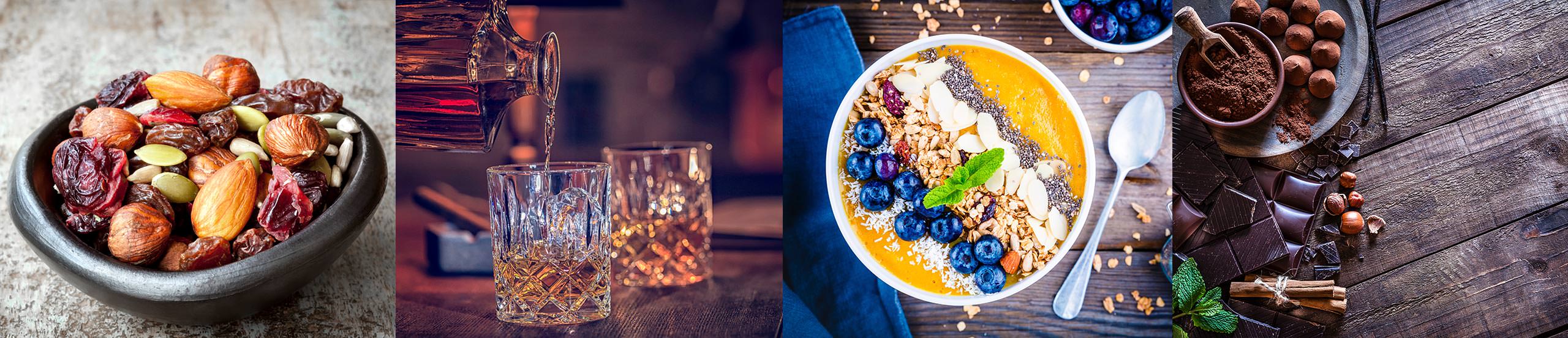 Nuesse, Whiskey, Müsli, Schokolade - Quellen: iStock.com/robynmac iStock.com/GMVozd iStock.com/wmaster890 iStock.com/cafotodigital